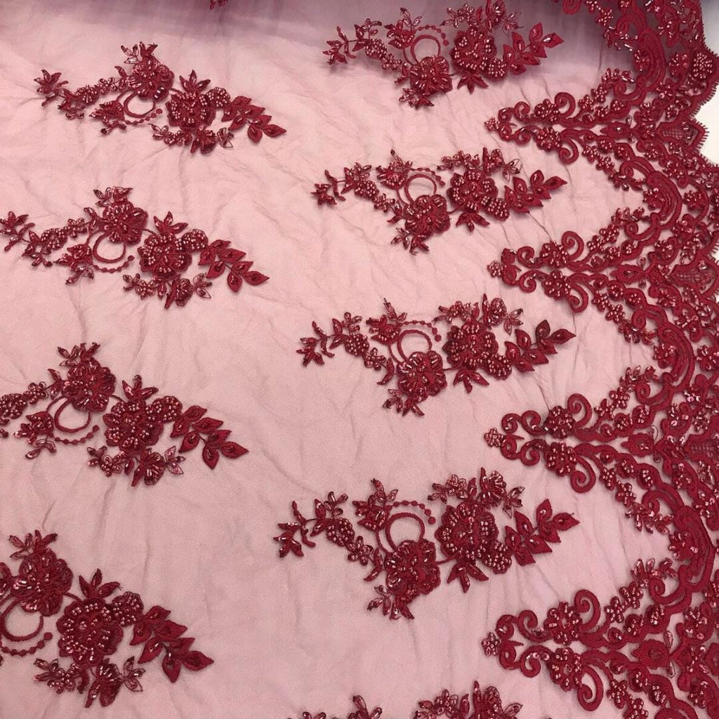 Burgundy - Luxury Lace - Beaded Design with Embroidered Sequins and Beads On a Mesh Lace Fabric for Prom Dress By The Yard