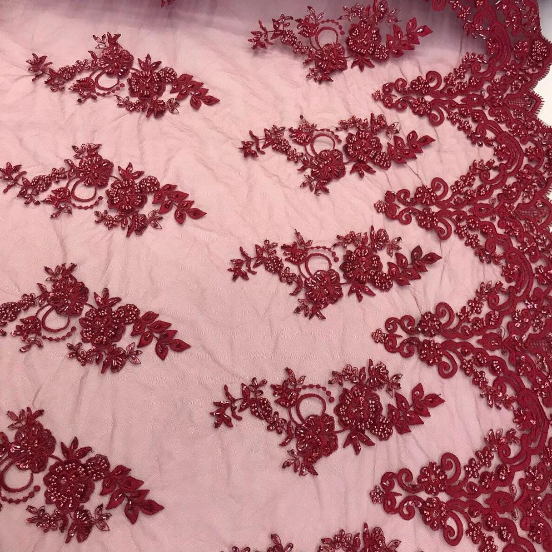 Burgundy - Luxury Lace - Beaded Design with Embroidered Sequins and Beads On a Mesh Lace Fabric for Prom Dress By The Yard