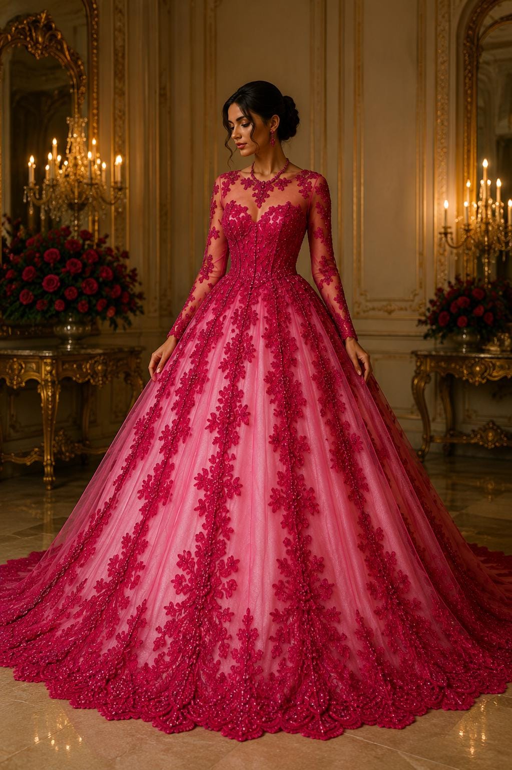 Fuchsia - Luxury Lace - Beaded Design with Embroidered Sequins and Beads On a Mesh Lace Fabric for Prom Dress By The Yard