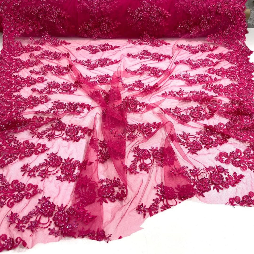 Fuchsia - Luxury Lace - Beaded Design with Embroidered Sequins and Beads On a Mesh Lace Fabric for Prom Dress By The Yard