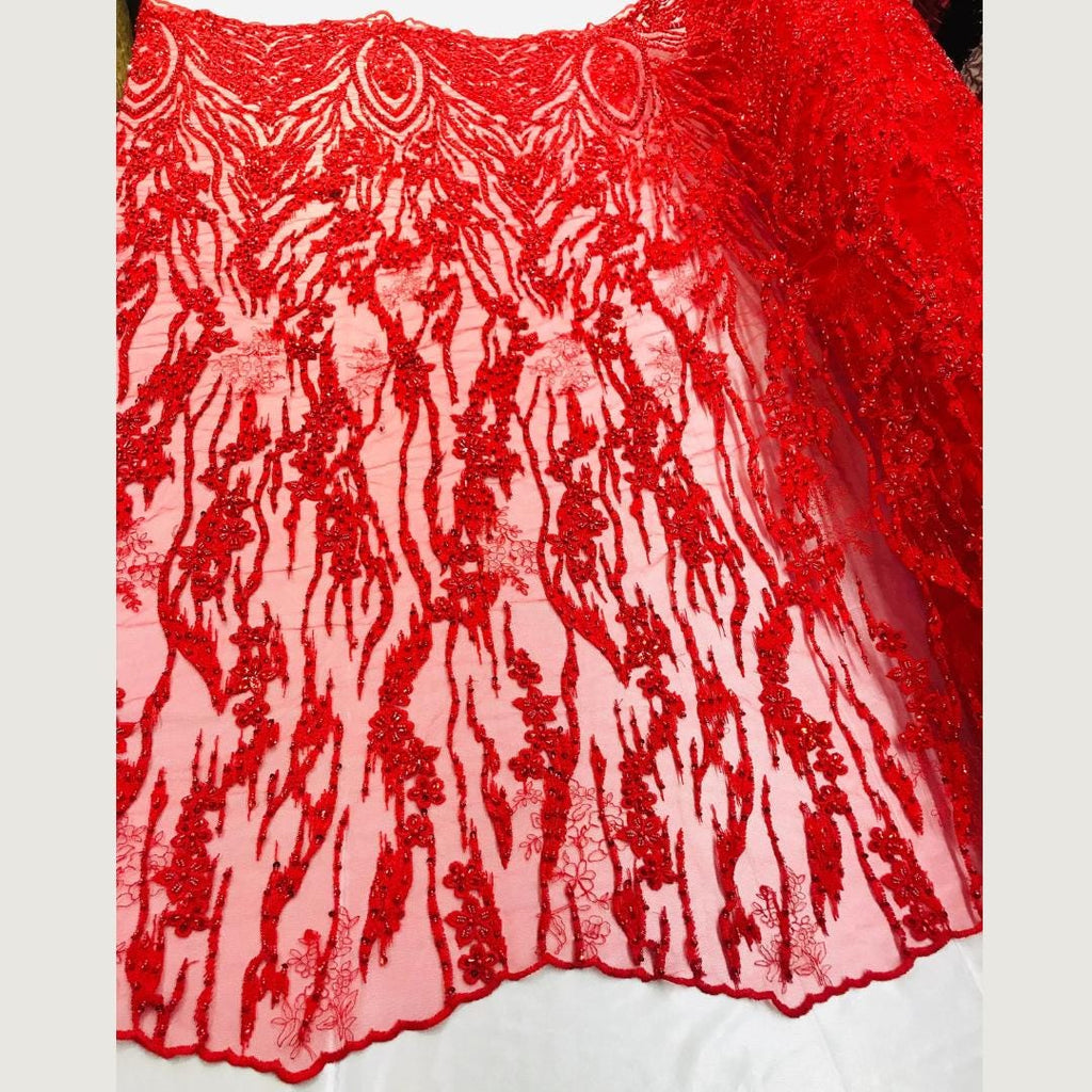 Luxury Lace - Red - Beaded Design with Embroidered Sequins and Beads On a Mesh Lace Fabric for Prom Dress. Sold By The Yard