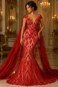 Luxury Lace - Red - Beaded Design with Embroidered Sequins and Beads On a Mesh Lace Fabric for Prom Dress. Sold By The Yard