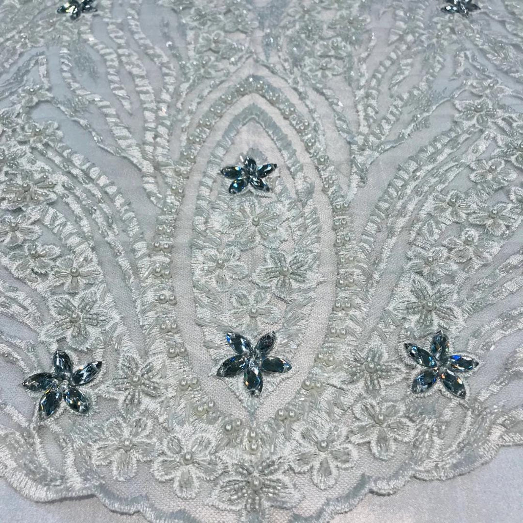 Luxury Lace - White - Beaded Design with Embroidered Sequins and Beads On a Mesh Lace Fabric for Prom Dress. Sold By The Yard
