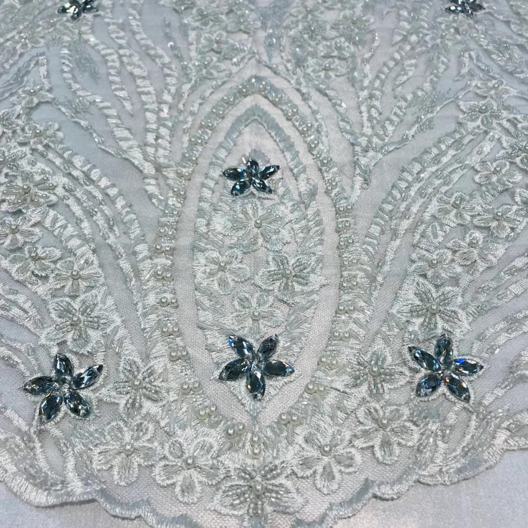 Luxury Lace - White - Beaded Design with Embroidered Sequins and Beads On a Mesh Lace Fabric for Prom Dress. Sold By The Yard