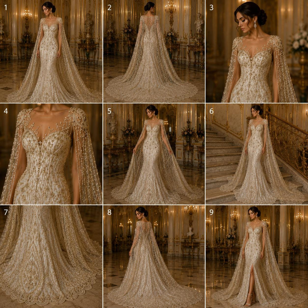 Luxury Lace - Champagne - Beaded Design with Embroidered Sequins and Beads On a Mesh Lace Fabric for Prom Dress. Sold By The Yard