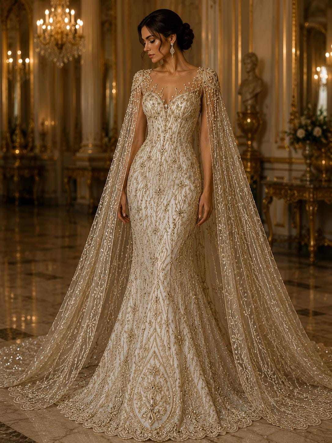 Luxury Lace - Champagne - Beaded Design with Embroidered Sequins and Beads On a Mesh Lace Fabric for Prom Dress. Sold By The Yard
