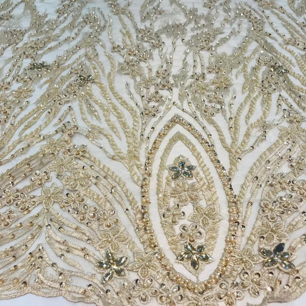 Luxury Lace - Champagne - Beaded Design with Embroidered Sequins and Beads On a Mesh Lace Fabric for Prom Dress. Sold By The Yard