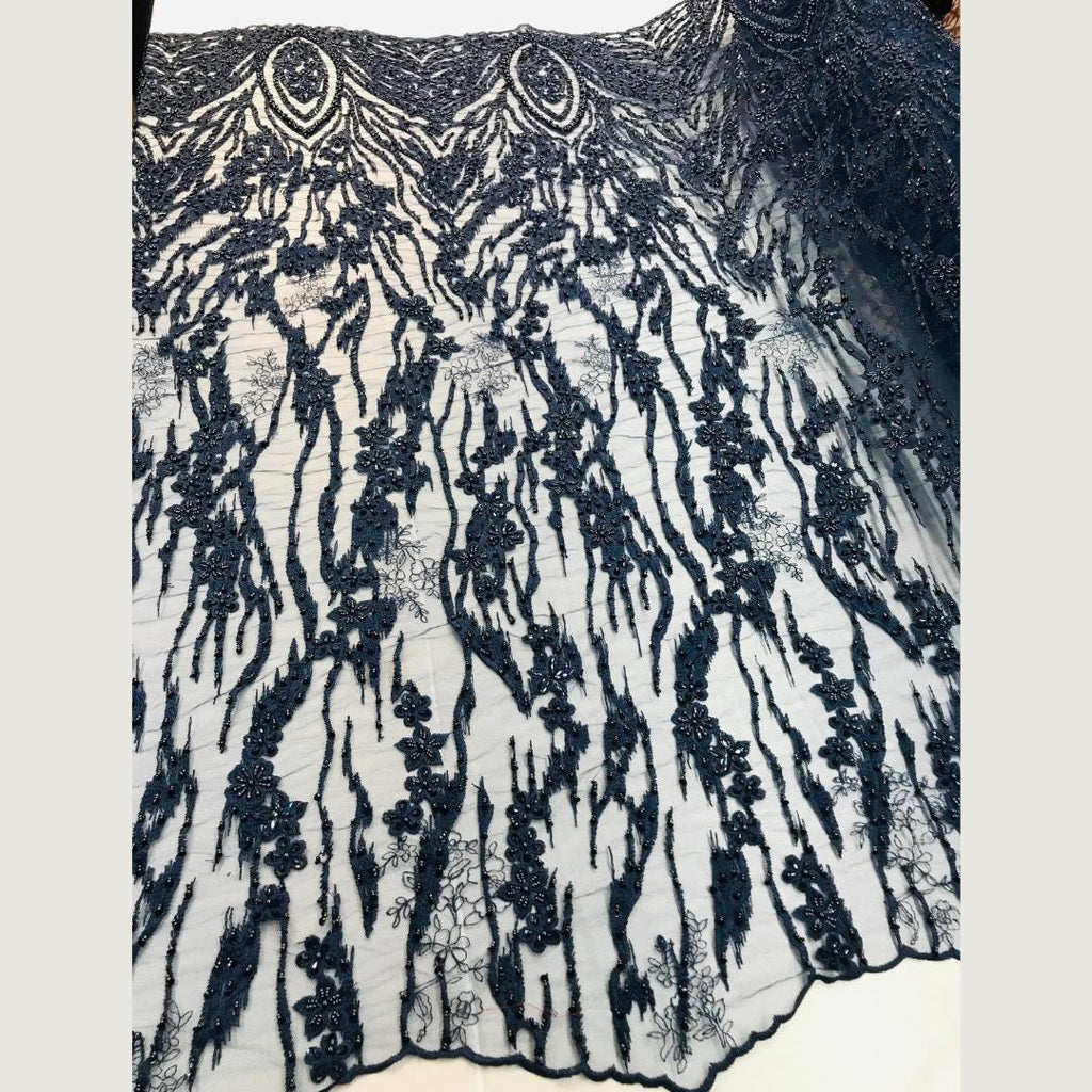 Luxury Lace - Navy - Beaded Design with Embroidered Sequins and Beads On a Mesh Lace Fabric for Prom Dress. Sold By The Yard
