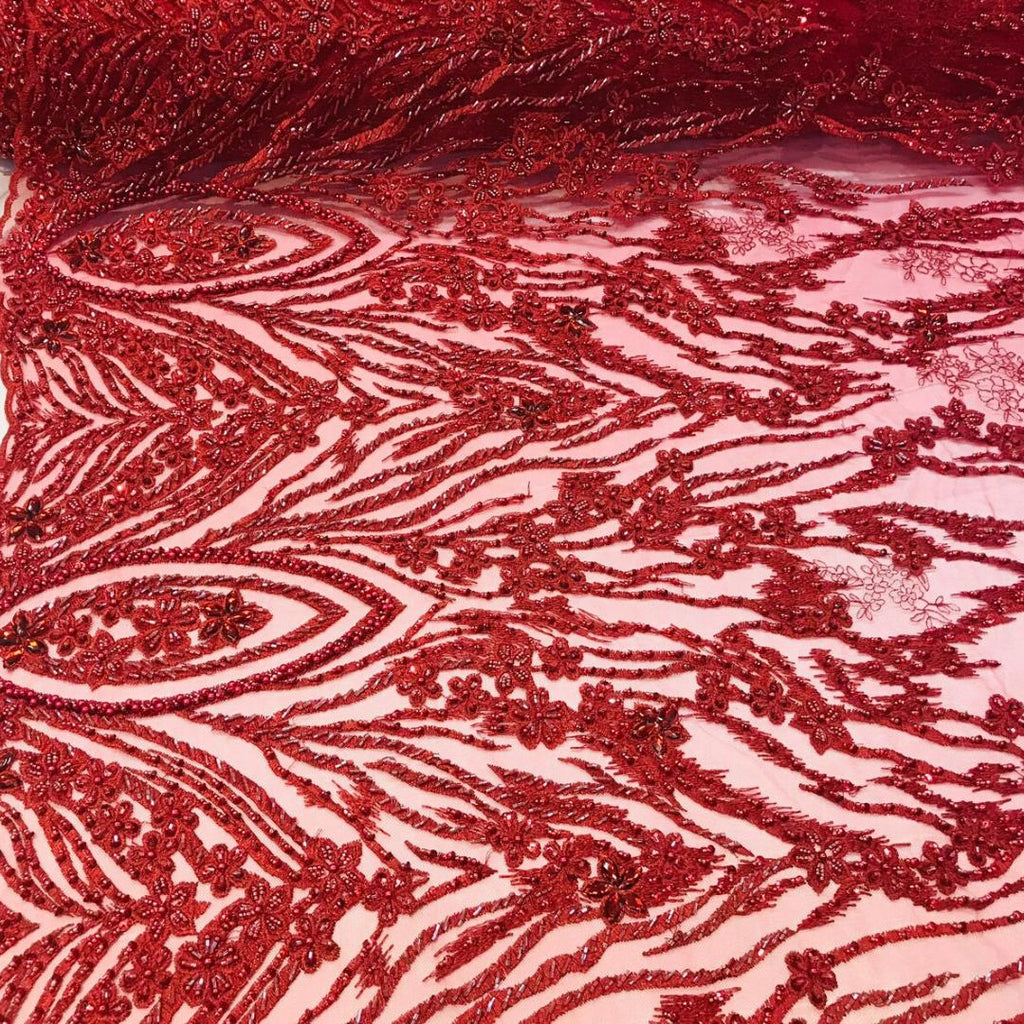 Luxury Lace - Burgundy - Beaded Design with Embroidered Sequins and Beads On a Mesh Lace Fabric for Prom Dress. Sold By The Yard