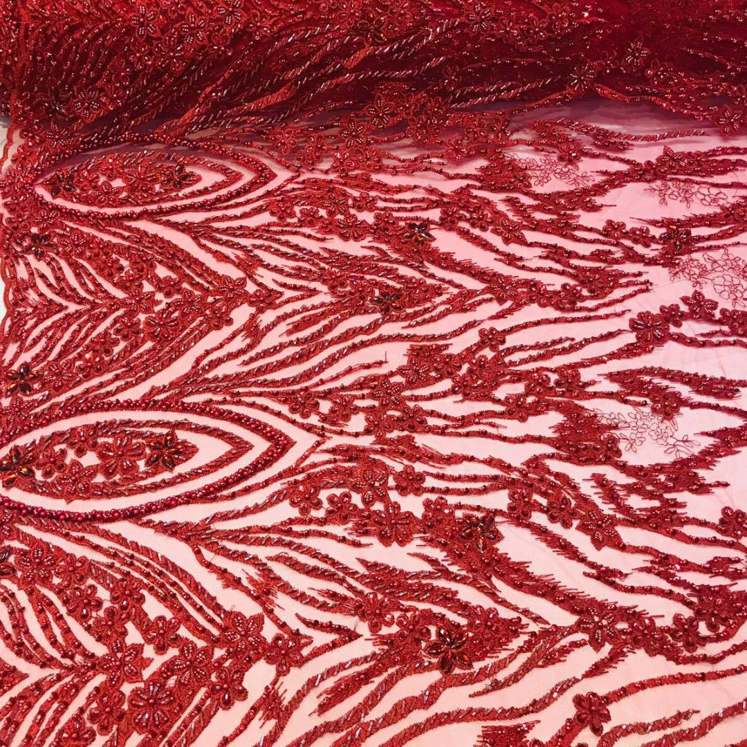 Luxury Lace - Burgundy - Beaded Design with Embroidered Sequins and Beads On a Mesh Lace Fabric for Prom Dress. Sold By The Yard