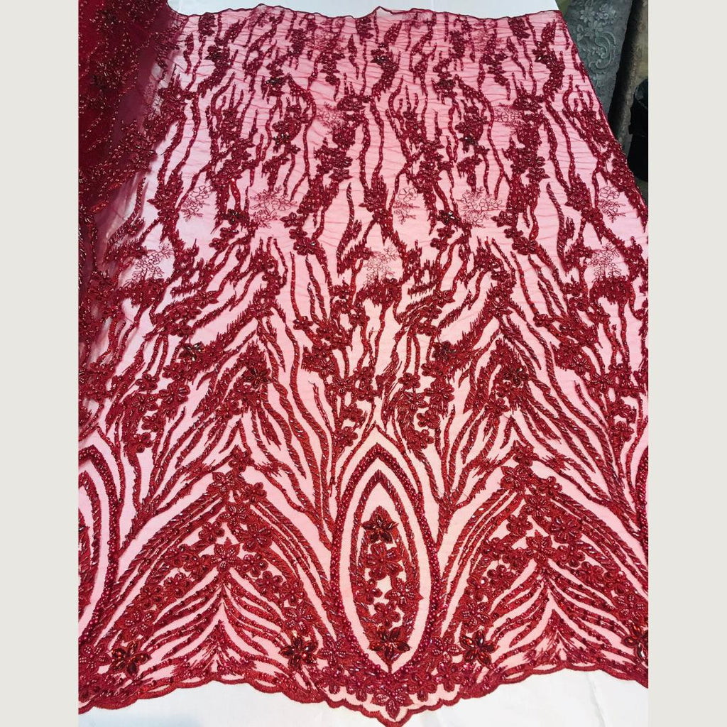 Luxury Lace - Burgundy - Beaded Design with Embroidered Sequins and Beads On a Mesh Lace Fabric for Prom Dress. Sold By The Yard