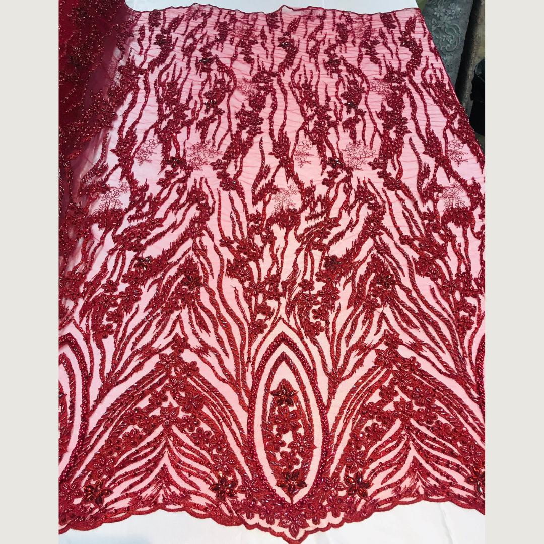 Luxury Lace - Burgundy - Beaded Design with Embroidered Sequins and Beads On a Mesh Lace Fabric for Prom Dress. Sold By The Yard
