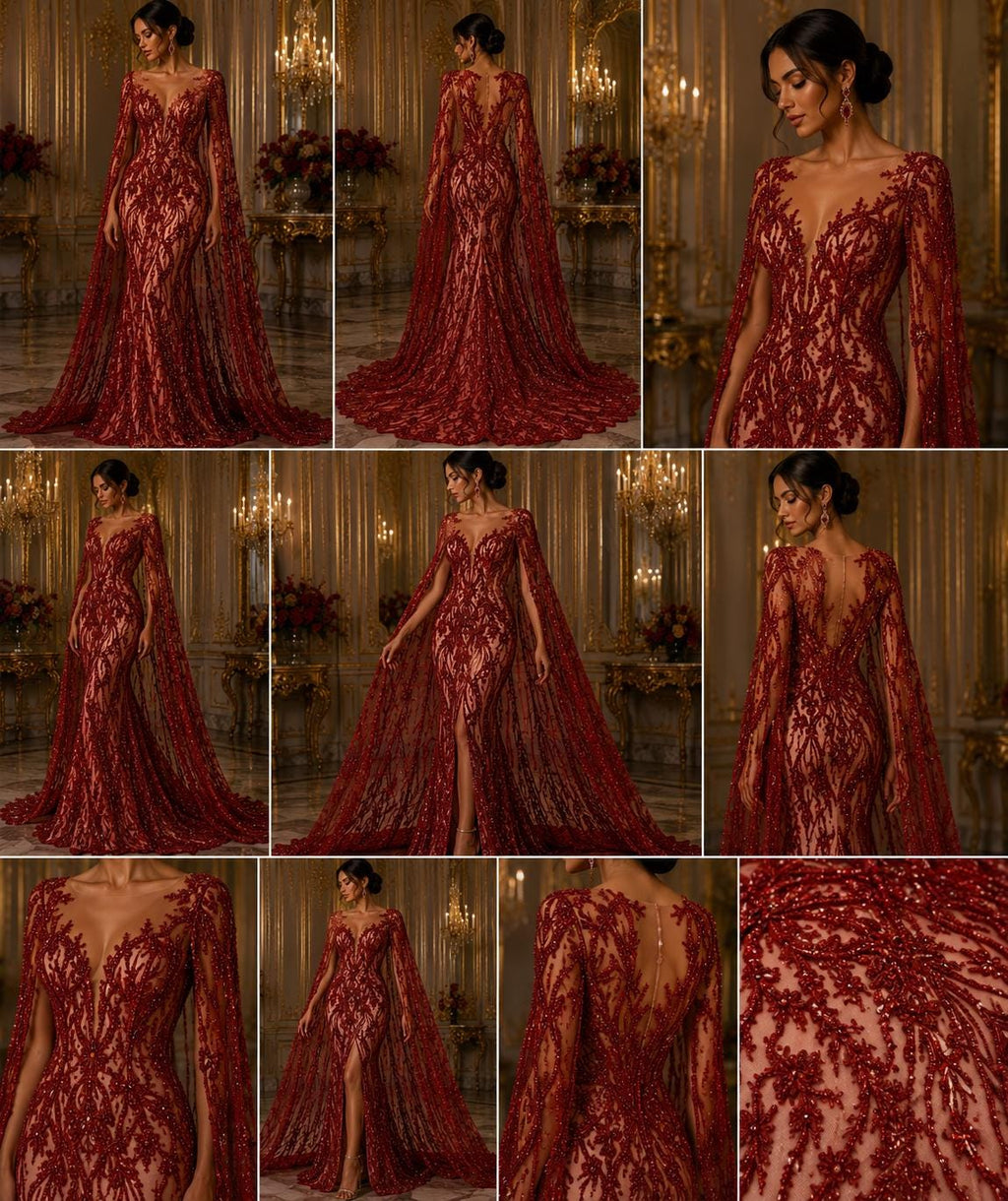Luxury Lace - Burgundy - Beaded Design with Embroidered Sequins and Beads On a Mesh Lace Fabric for Prom Dress. Sold By The Yard