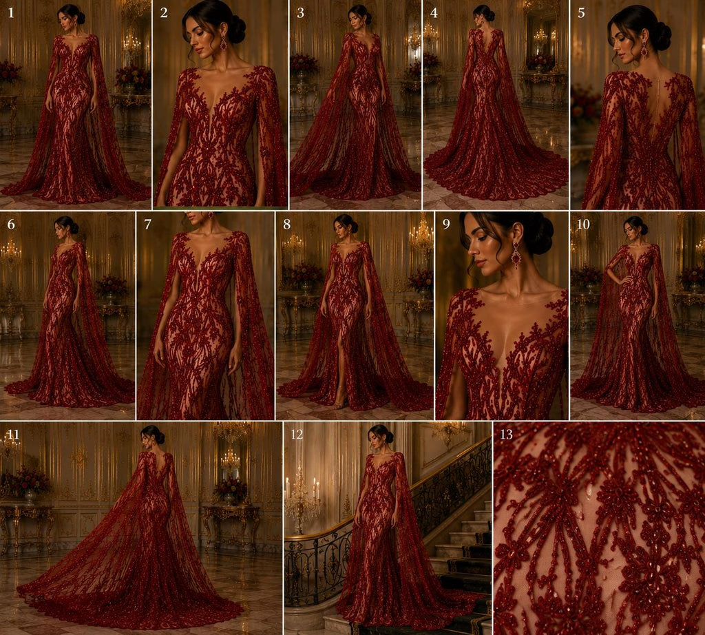 Luxury Lace - Burgundy - Beaded Design with Embroidered Sequins and Beads On a Mesh Lace Fabric for Prom Dress. Sold By The Yard