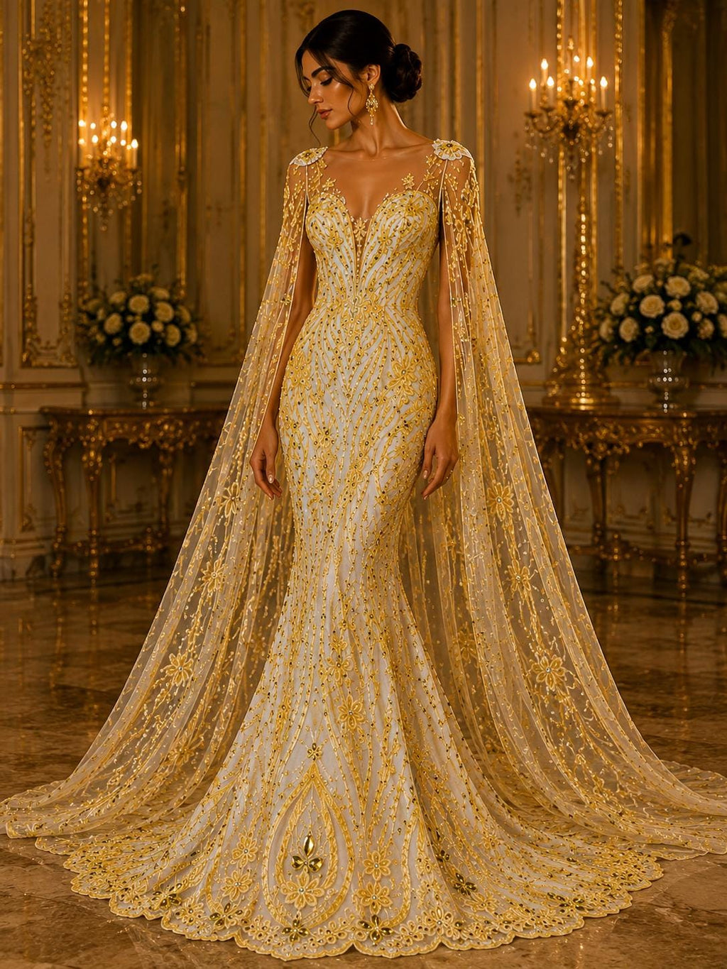 Luxury Lace - Yellow - Beaded Design with Embroidered Sequins and Beads On a Mesh Lace Fabric for Prom Dress. Sold By The Yard