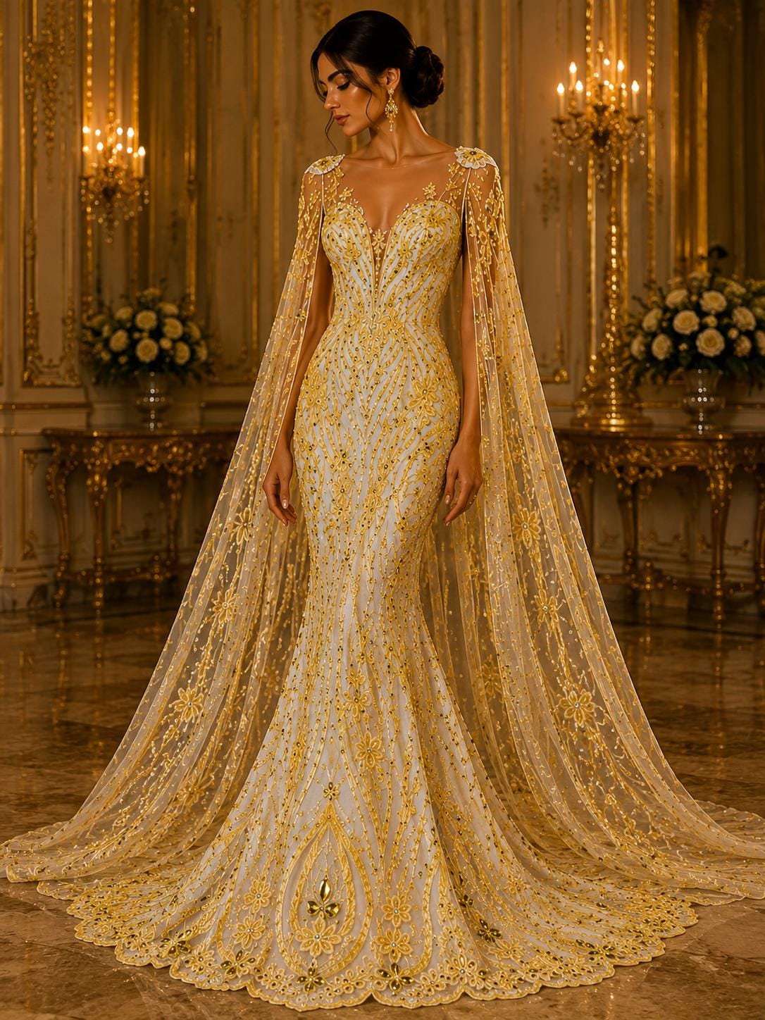 Luxury Lace - Yellow - Beaded Design with Embroidered Sequins and Beads On a Mesh Lace Fabric for Prom Dress. Sold By The Yard