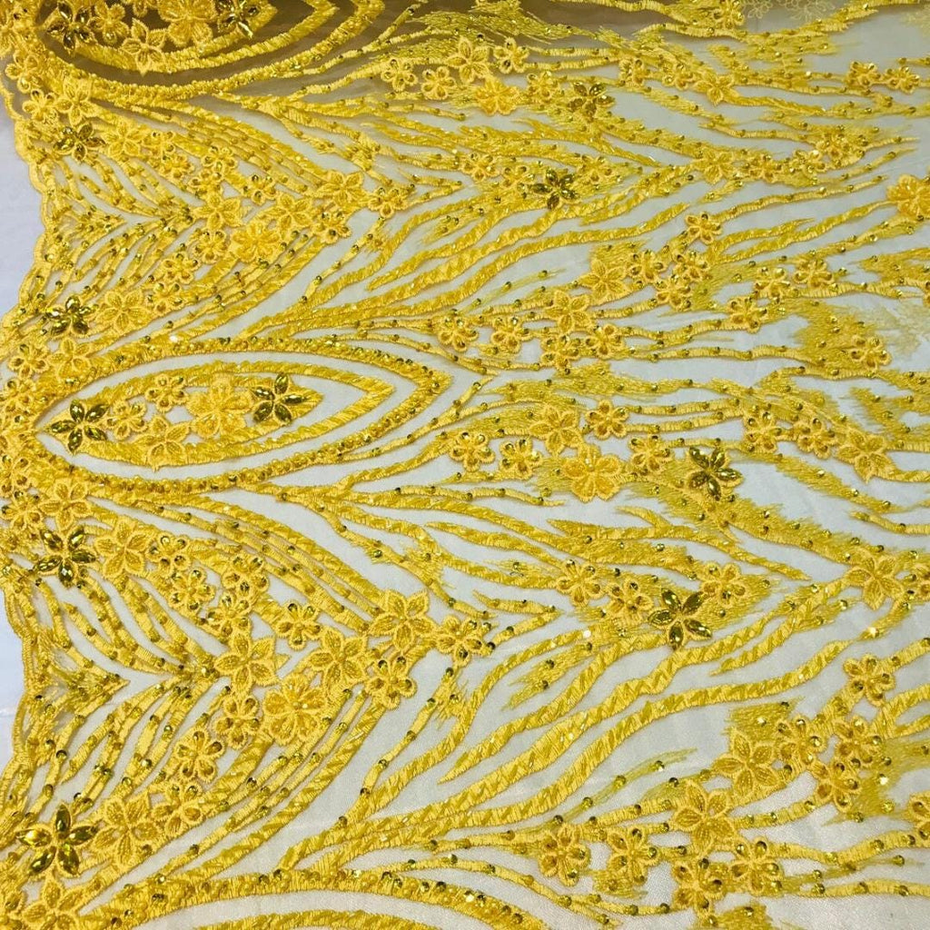 Luxury Lace - Yellow - Beaded Design with Embroidered Sequins and Beads On a Mesh Lace Fabric for Prom Dress. Sold By The Yard