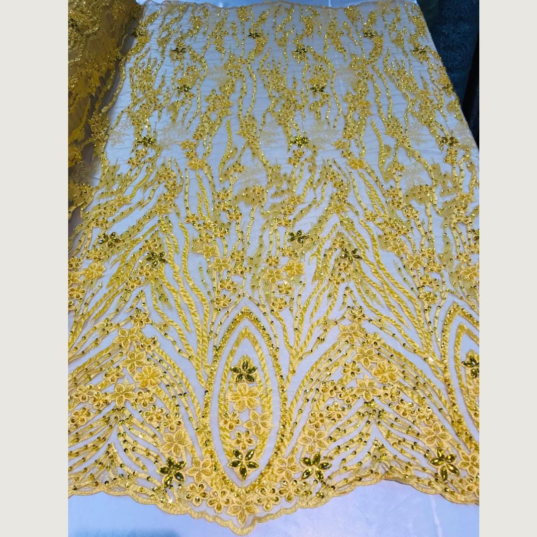 Luxury Lace - Yellow - Beaded Design with Embroidered Sequins and Beads On a Mesh Lace Fabric for Prom Dress. Sold By The Yard
