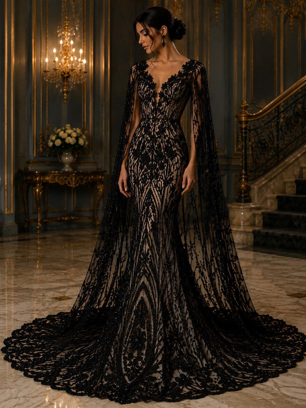 Luxury Lace - Black - Beaded Design with Embroidered Sequins and Beads On a Mesh Lace Fabric for Prom Dress. Sold By The Yard