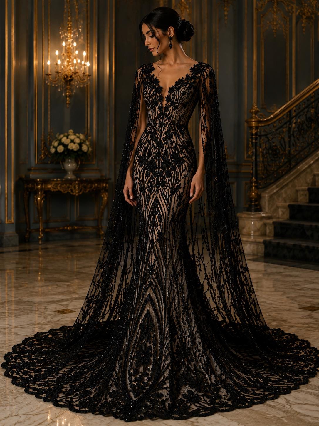 Luxury Lace - Black - Beaded Design with Embroidered Sequins and Beads On a Mesh Lace Fabric for Prom Dress. Sold By The Yard