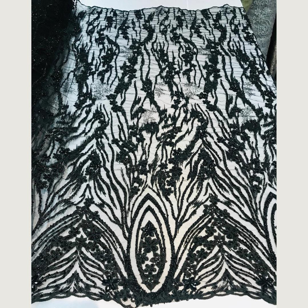Luxury Lace - Black - Beaded Design with Embroidered Sequins and Beads On a Mesh Lace Fabric for Prom Dress. Sold By The Yard