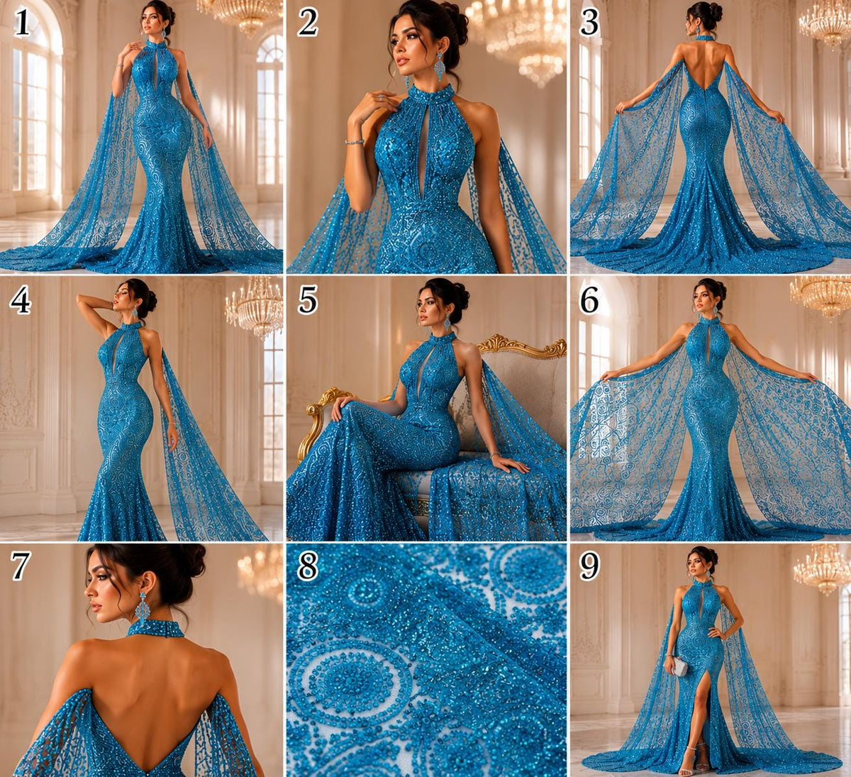 Luxurious Design Lace - Turquoise - Geometric Beaded Design with Embroidered Sequins and Beads On a Mesh Lace Fabric By The Yard