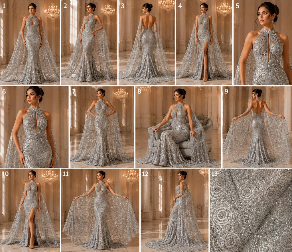 Luxurious Design Lace - Silver - Geometric Beaded Design with Embroidered Sequins and Beads On a Mesh Lace Fabric By The Yard
