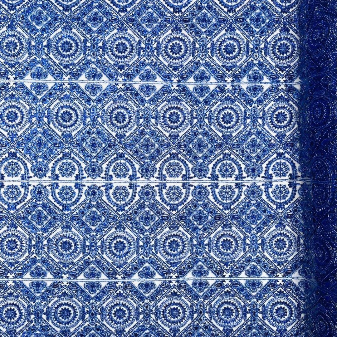 Luxurious Design Lace - Royal - Geometric Beaded Design with Embroidered Sequins and Beads On a Mesh Lace Fabric By The Yard