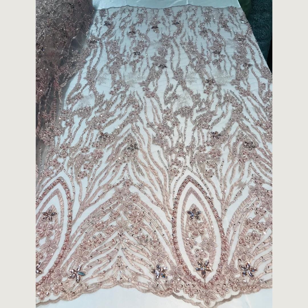 Luxury Lace - Blush - Beaded Design with Embroidered Sequins and Beads On a Mesh Lace Fabric for Prom Dress. Sold By The Yard