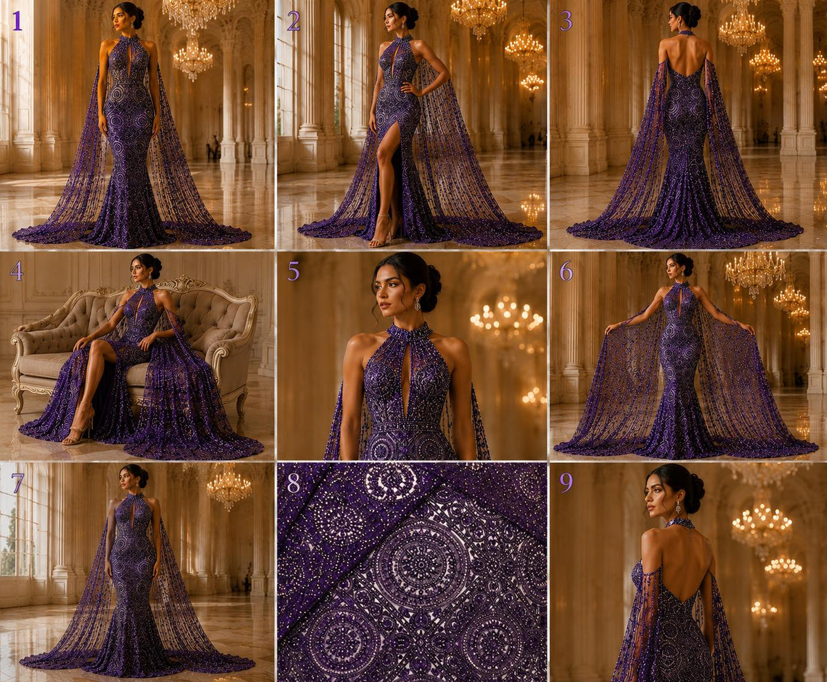 Luxurious Design Lace - Purple - Geometric Beaded Design with Embroidered Sequins and Beads On a Mesh Lace Fabric By The Yard