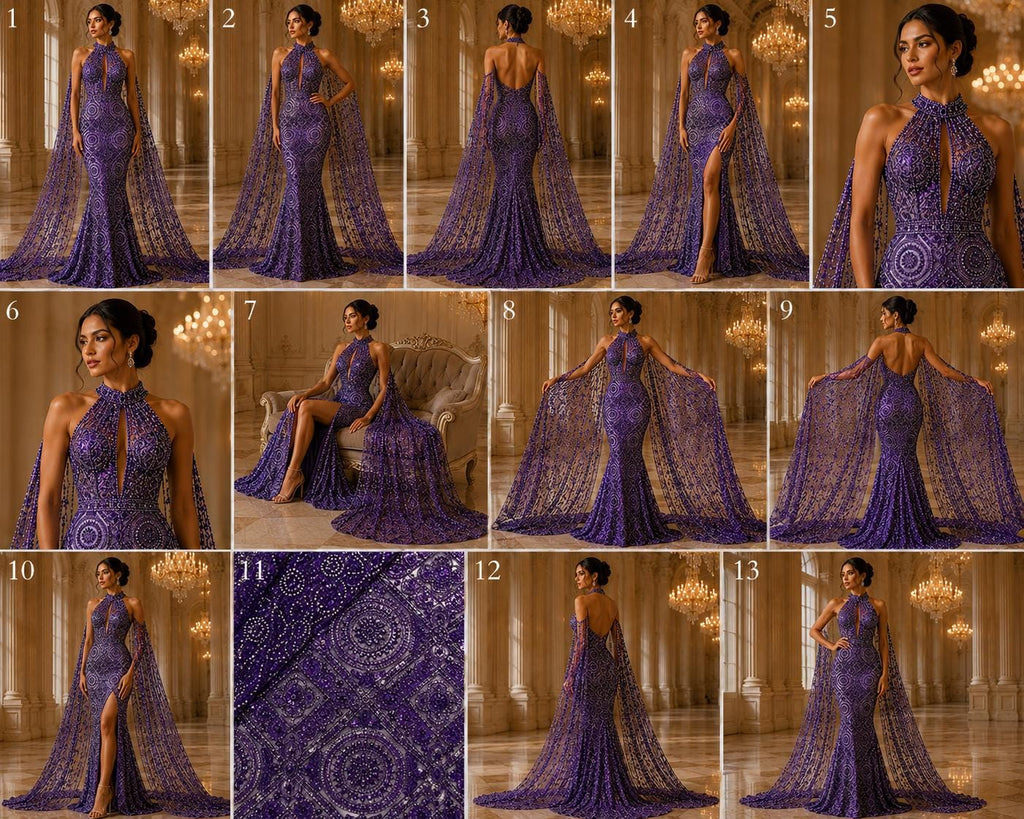 Luxurious Design Lace - Purple - Geometric Beaded Design with Embroidered Sequins and Beads On a Mesh Lace Fabric By The Yard