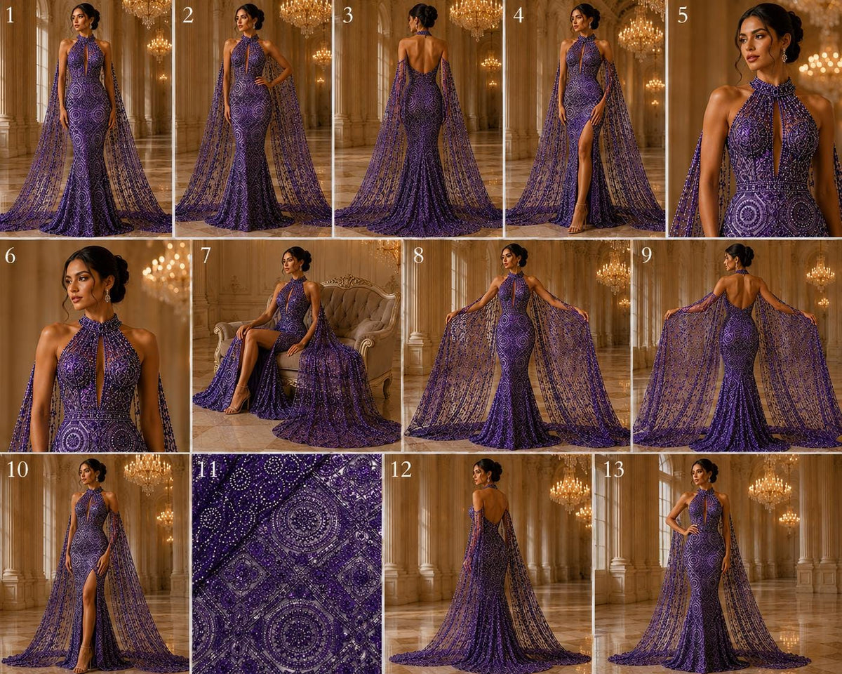Luxurious Design Lace - Purple - Geometric Beaded Design with Embroidered Sequins and Beads On a Mesh Lace Fabric By The Yard