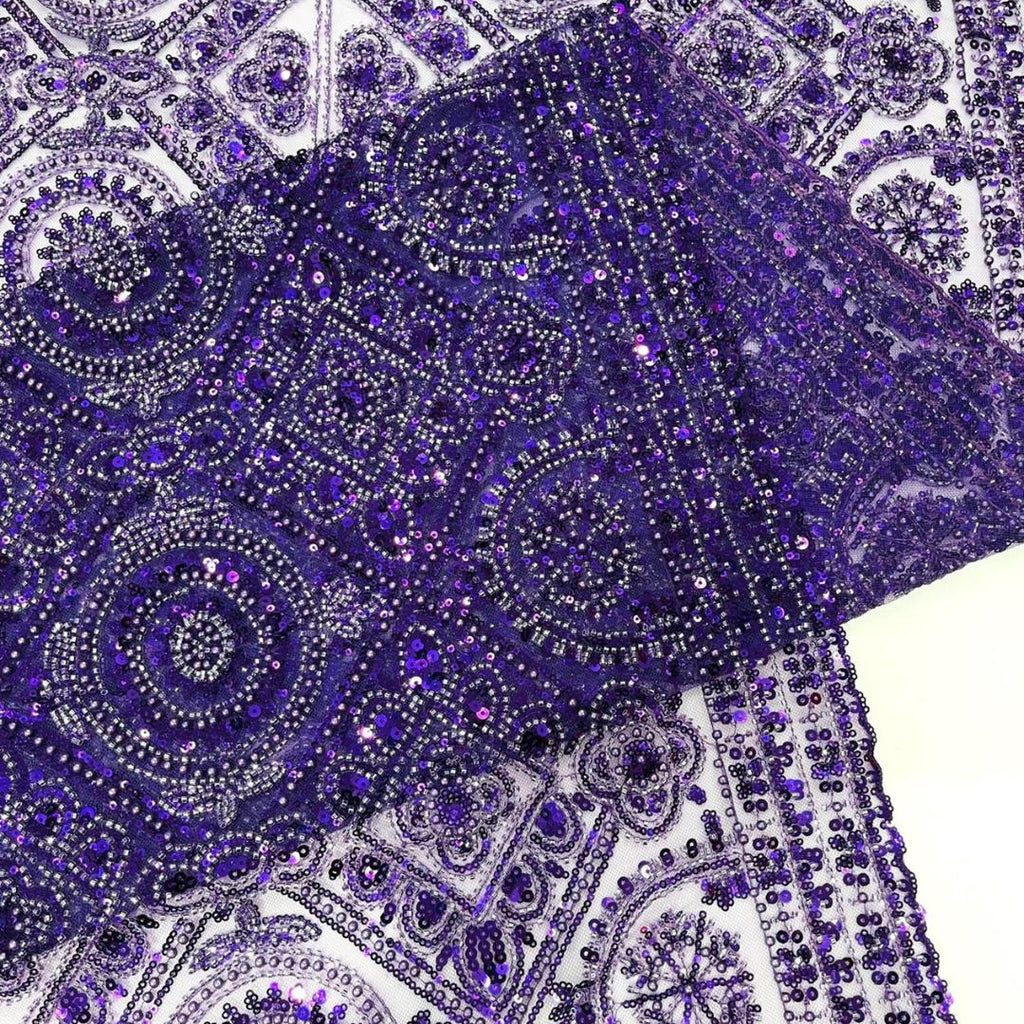 Luxurious Design Lace - Purple - Geometric Beaded Design with Embroidered Sequins and Beads On a Mesh Lace Fabric By The Yard
