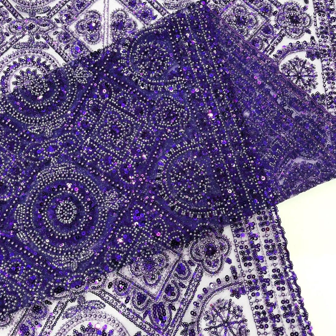 Luxurious Design Lace - Purple - Geometric Beaded Design with Embroidered Sequins and Beads On a Mesh Lace Fabric By The Yard