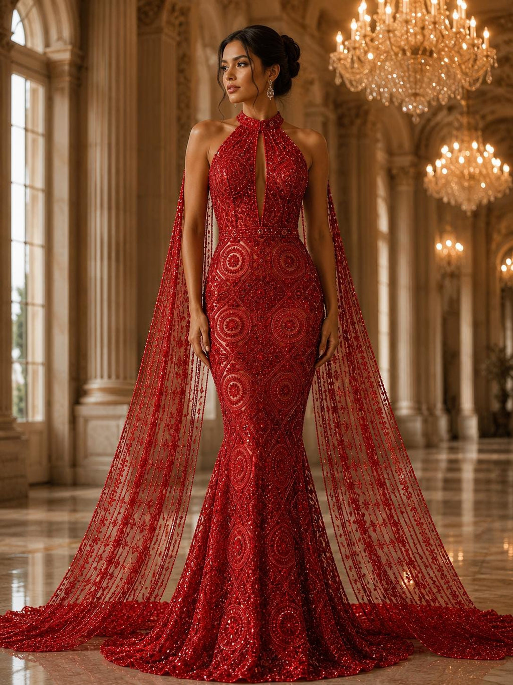 Luxurious Design Lace - Red - Geometric Beaded Design with Embroidered Sequins and Beads On a Mesh Lace Fabric By The Yard