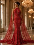 Luxurious Design Lace - Red - Geometric Beaded Design with Embroidered Sequins and Beads On a Mesh Lace Fabric By The Yard