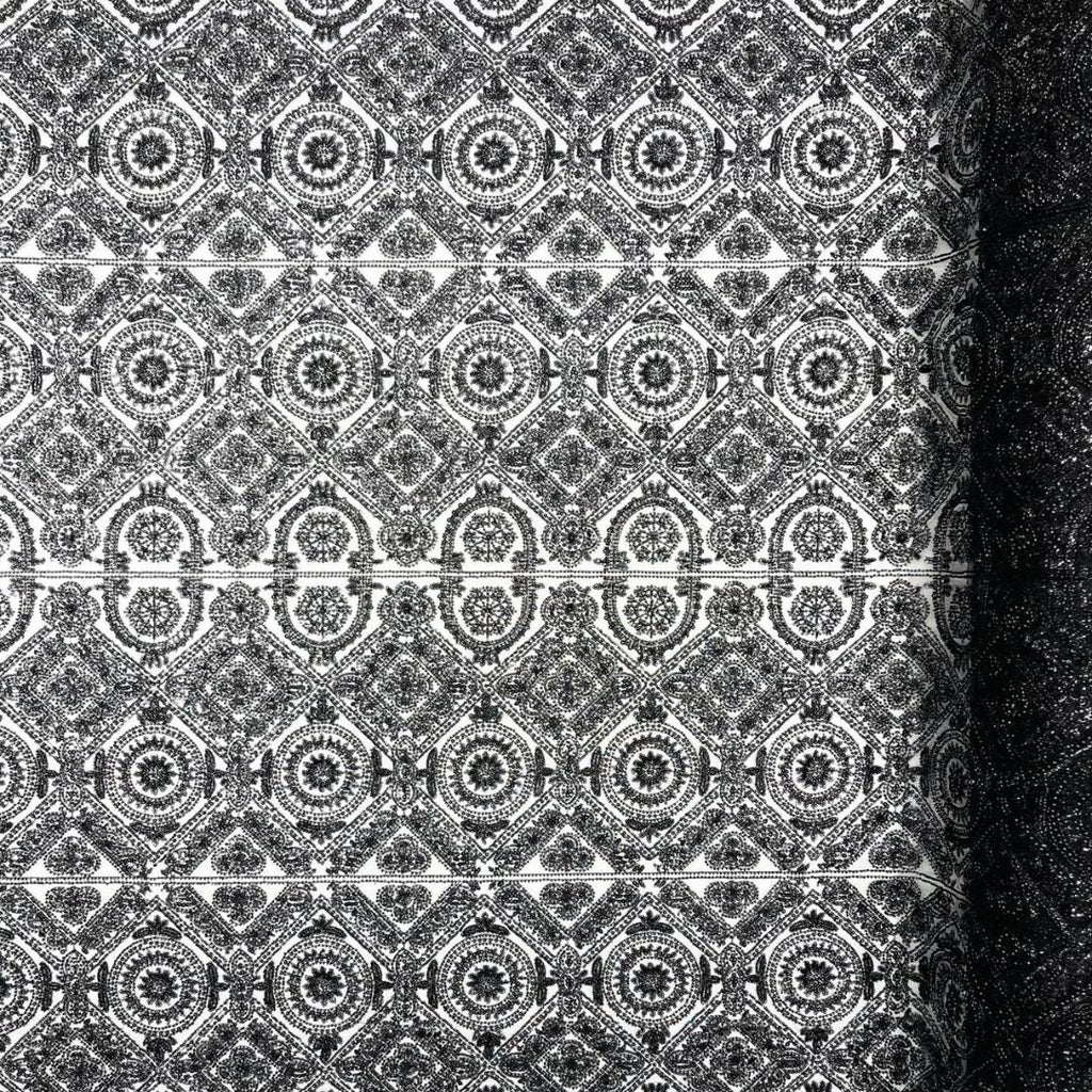 Luxurious Design Lace - Black - Geometric Beaded Design with Embroidered Sequins and Beads On a Mesh Lace Fabric By The Yard