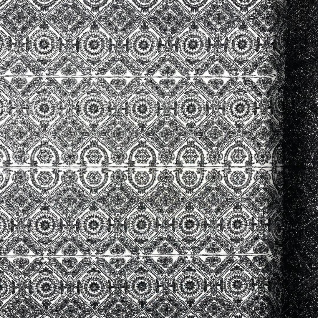 Luxurious Design Lace - Black - Geometric Beaded Design with Embroidered Sequins and Beads On a Mesh Lace Fabric By The Yard