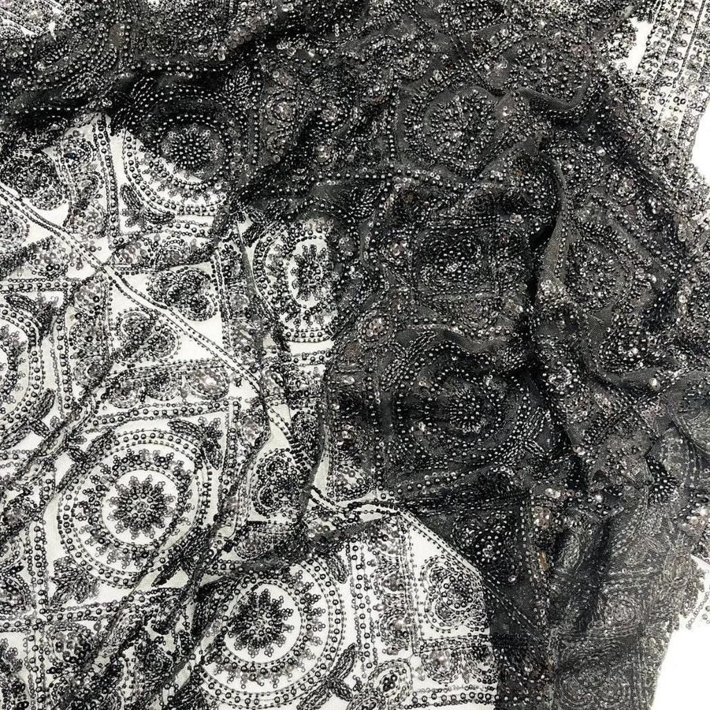 Luxurious Design Lace - Black - Geometric Beaded Design with Embroidered Sequins and Beads On a Mesh Lace Fabric By The Yard