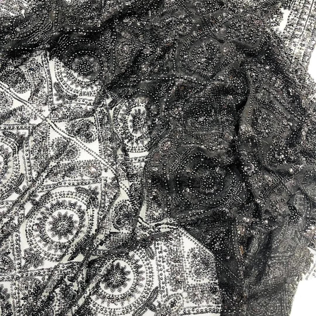 Luxurious Design Lace - Black - Geometric Beaded Design with Embroidered Sequins and Beads On a Mesh Lace Fabric By The Yard