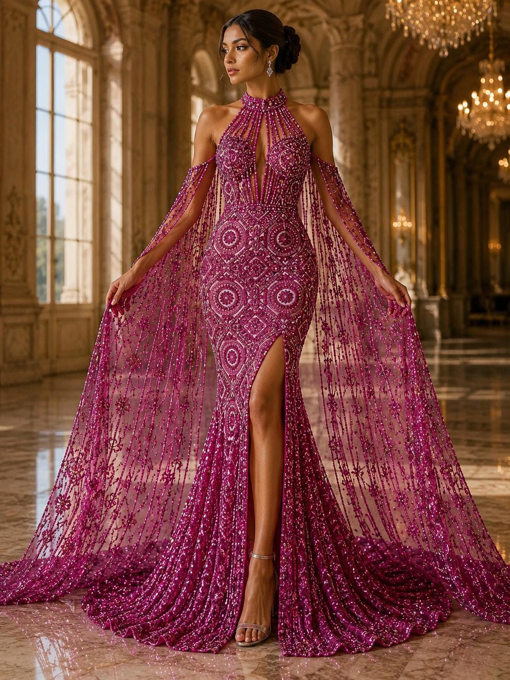 Luxurious Design Lace - Fuchsia - Geometric Beaded Design with Embroidered Sequins and Beads On a Mesh Lace Fabric By The Yard