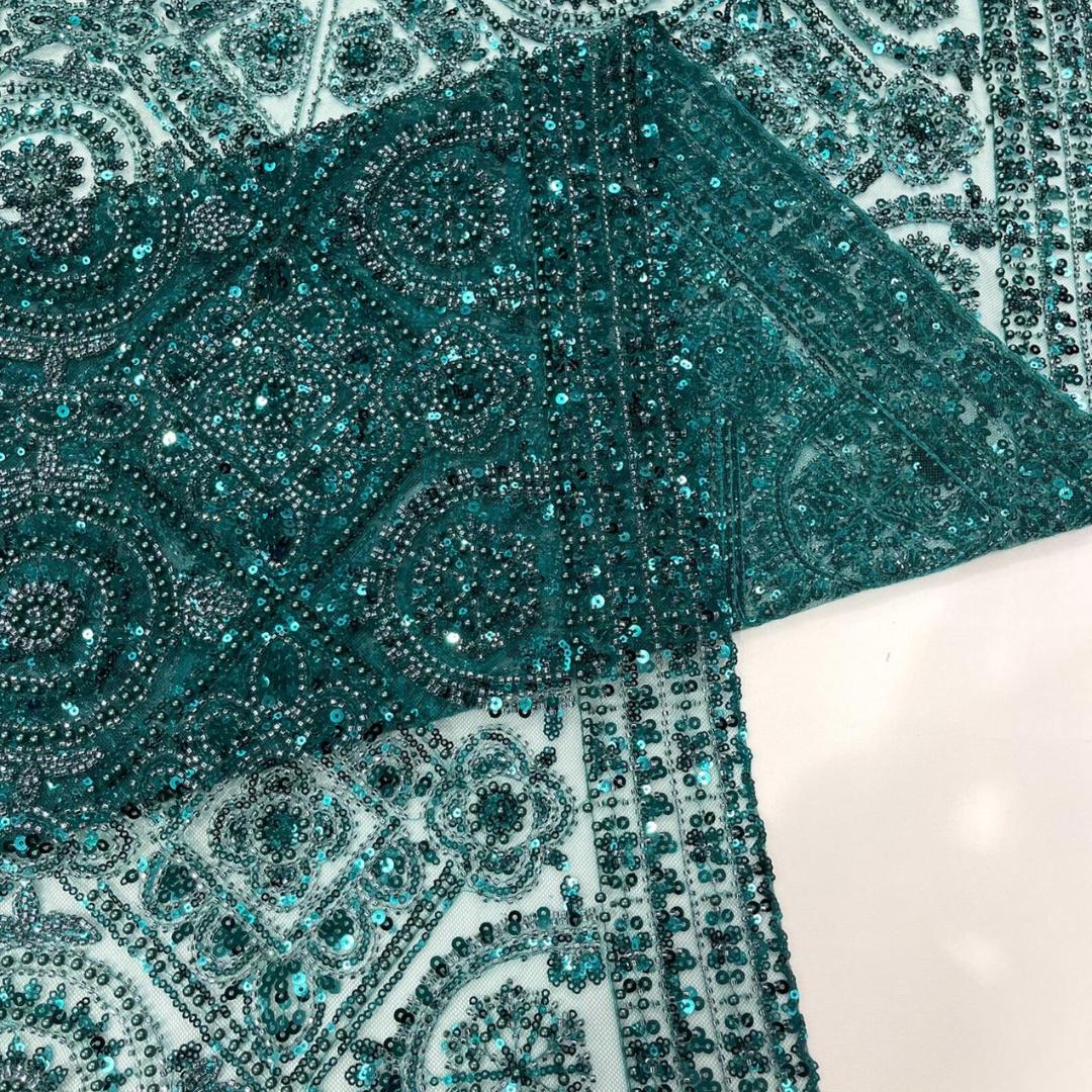 Luxurious Design Lace - Hunter - Geometric Beaded Design with Embroidered Sequins and Beads On a Mesh Lace Fabric By The Yard