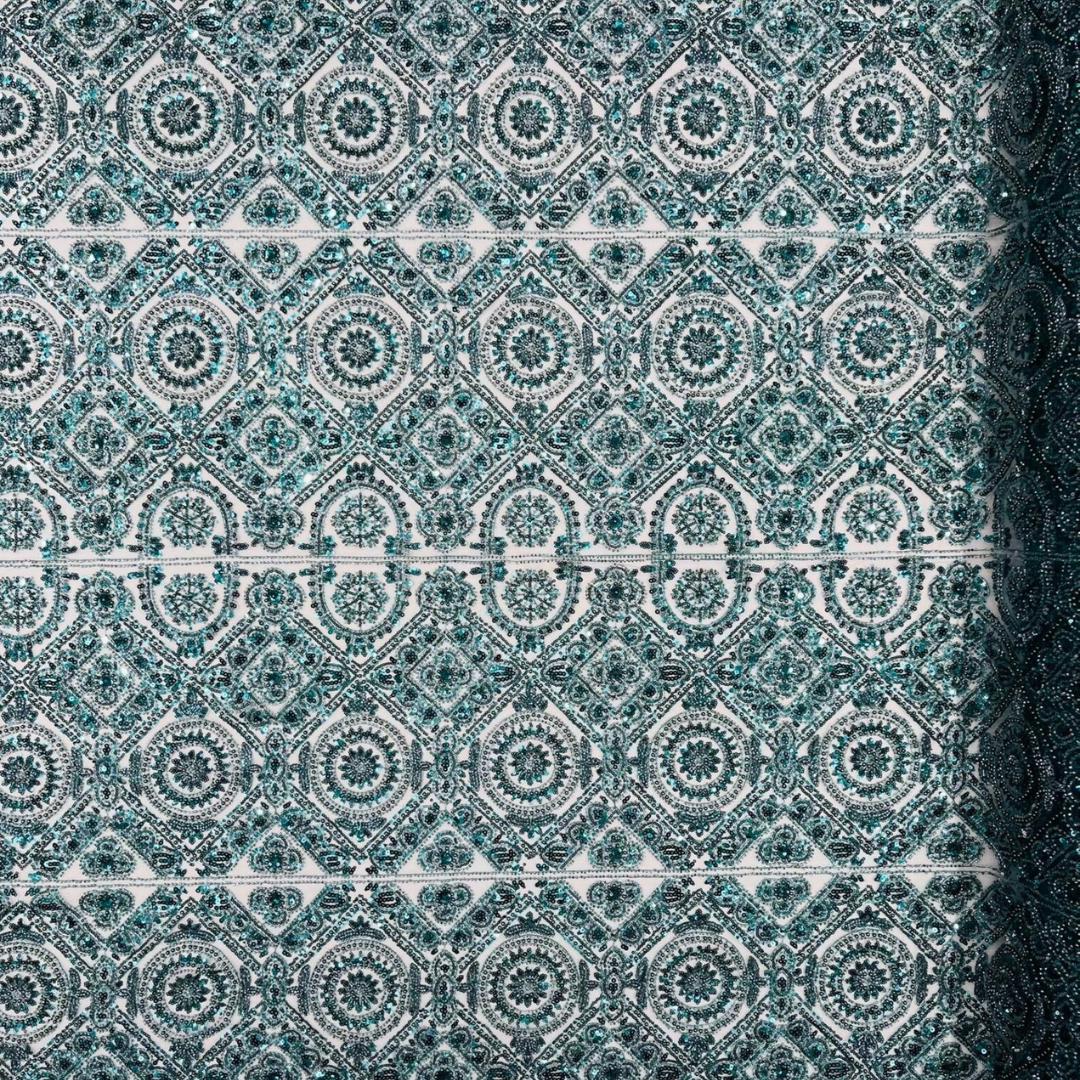 Luxurious Design Lace - Hunter - Geometric Beaded Design with Embroidered Sequins and Beads On a Mesh Lace Fabric By The Yard