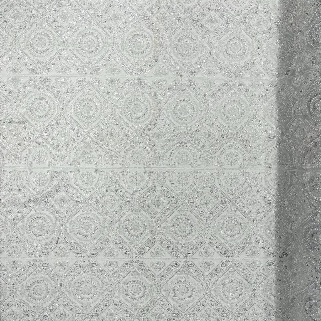 Luxurious Design Lace - White - Geometric Beaded Design with Embroidered Sequins and Beads On a Mesh Lace Fabric By The Yard