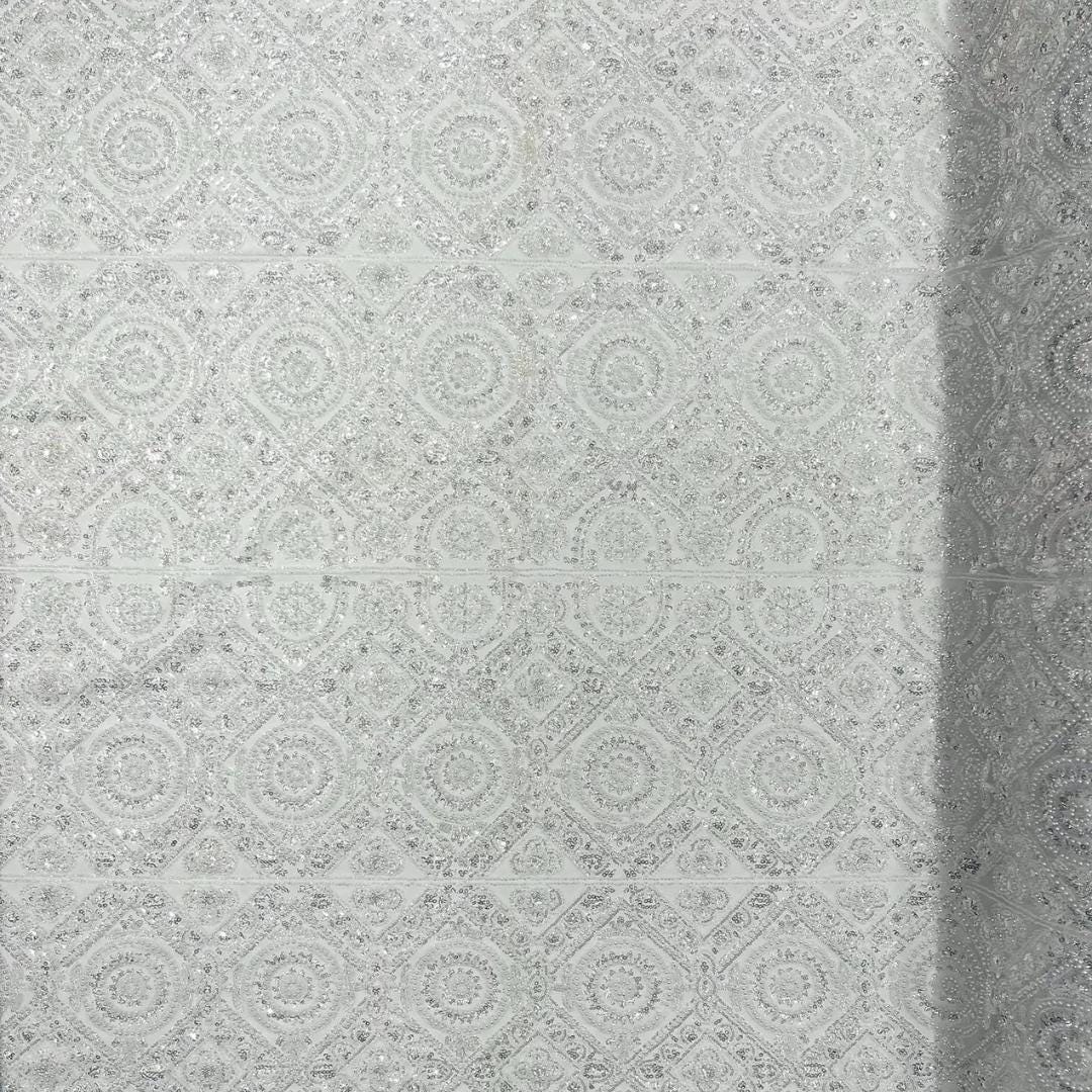 Luxurious Design Lace - White - Geometric Beaded Design with Embroidered Sequins and Beads On a Mesh Lace Fabric By The Yard