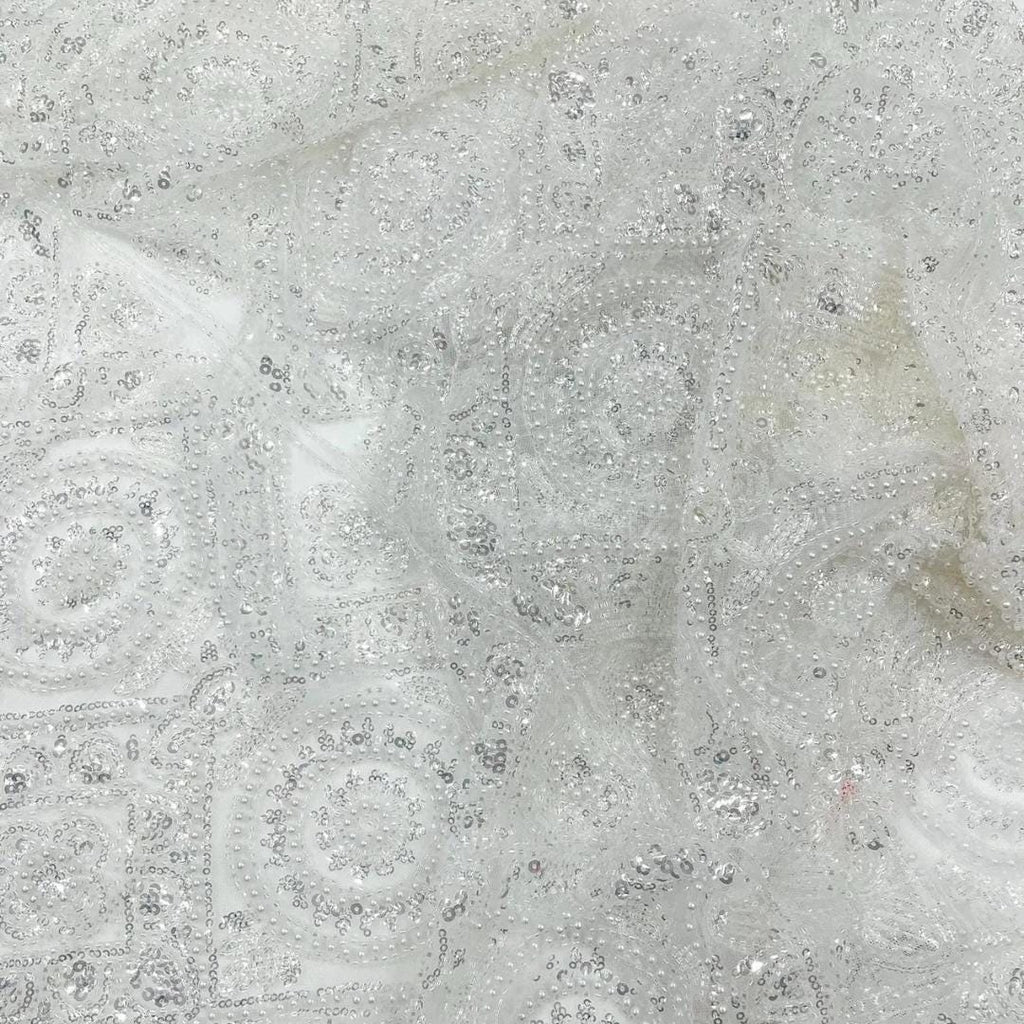 Luxurious Design Lace - White - Geometric Beaded Design with Embroidered Sequins and Beads On a Mesh Lace Fabric By The Yard
