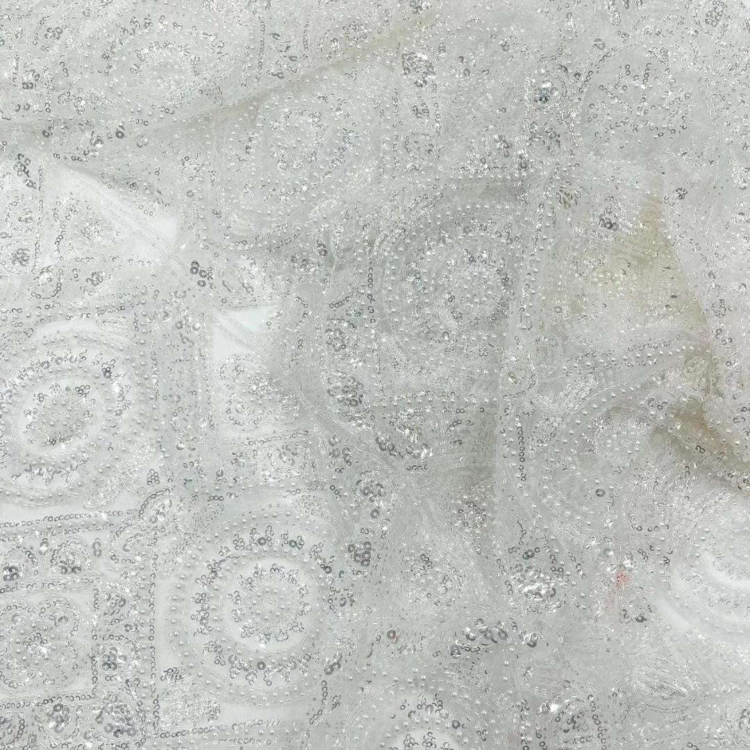 Luxurious Design Lace - White - Geometric Beaded Design with Embroidered Sequins and Beads On a Mesh Lace Fabric By The Yard