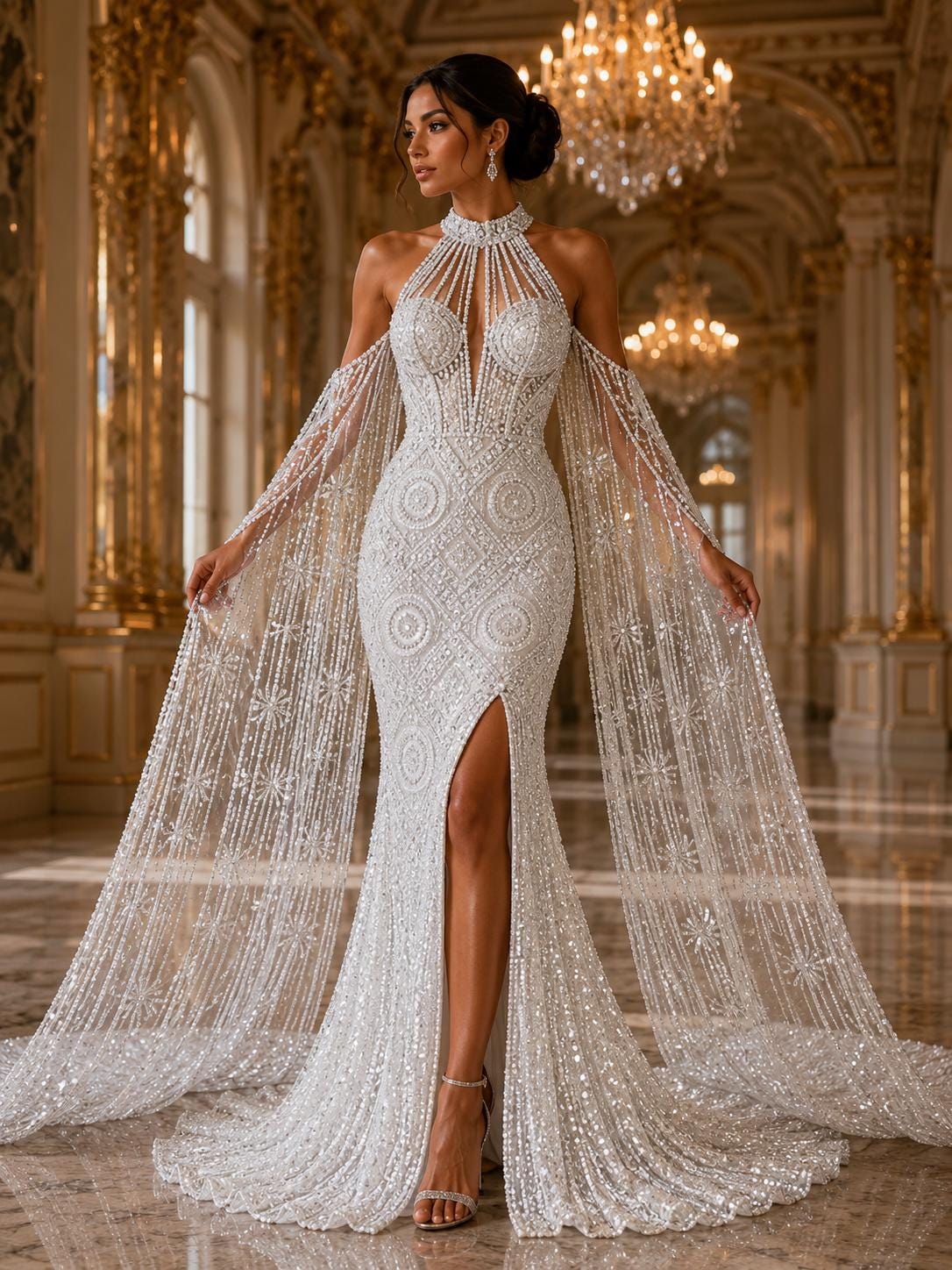 Luxurious Design Lace - White - Geometric Beaded Design with Embroidered Sequins and Beads On a Mesh Lace Fabric By The Yard