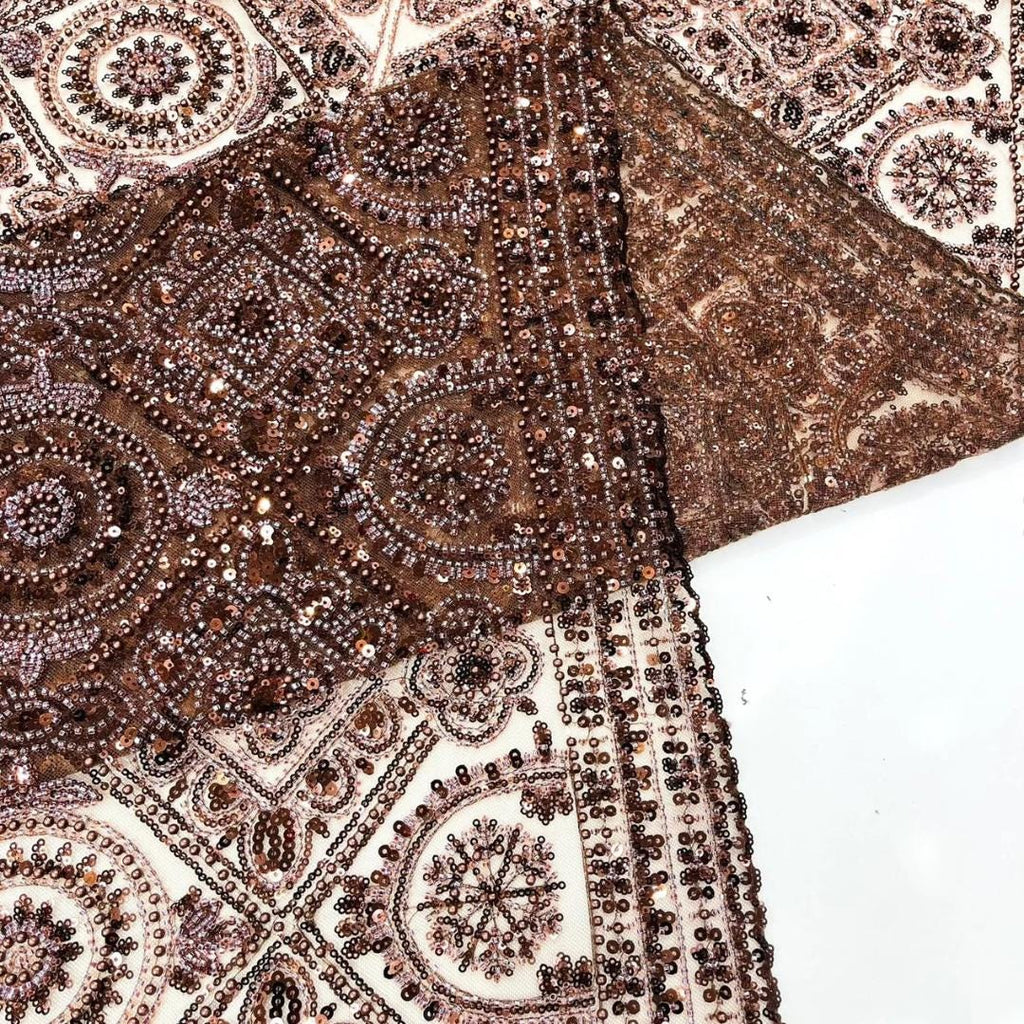 Luxurious Design Lace - Brown - Geometric Beaded Design with Embroidered Sequins and Beads On a Mesh Lace Fabric By The Yard