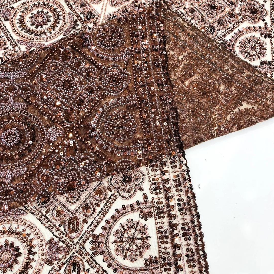 Luxurious Design Lace - Brown - Geometric Beaded Design with Embroidered Sequins and Beads On a Mesh Lace Fabric By The Yard